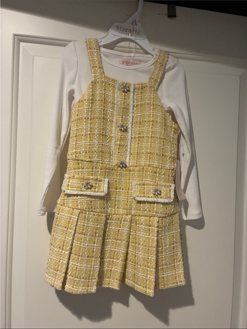 NWT 2 piece Biscotti Girl’s Tweed Pinafore Dress with White separate long sl.top